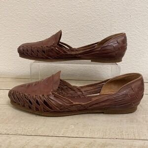 Devon Park Flats 8 Brown Woven Leather Huarache Penny Loafers Heel Guard Almond